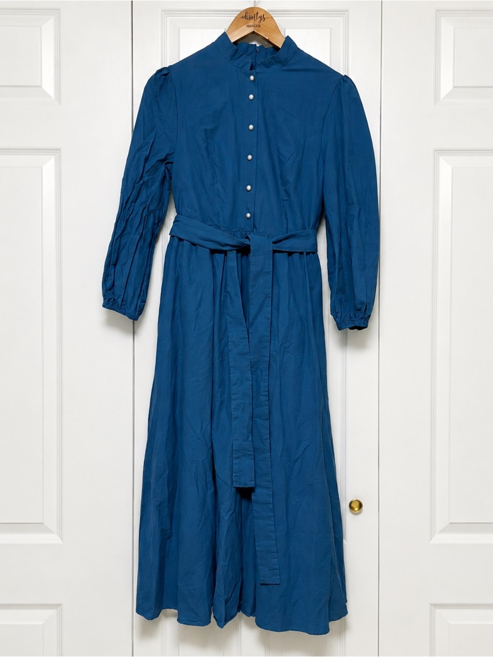 Linen Vibes ChilliNen Blue Cotton Pearl Button Tie Waist Maxi Dress Small